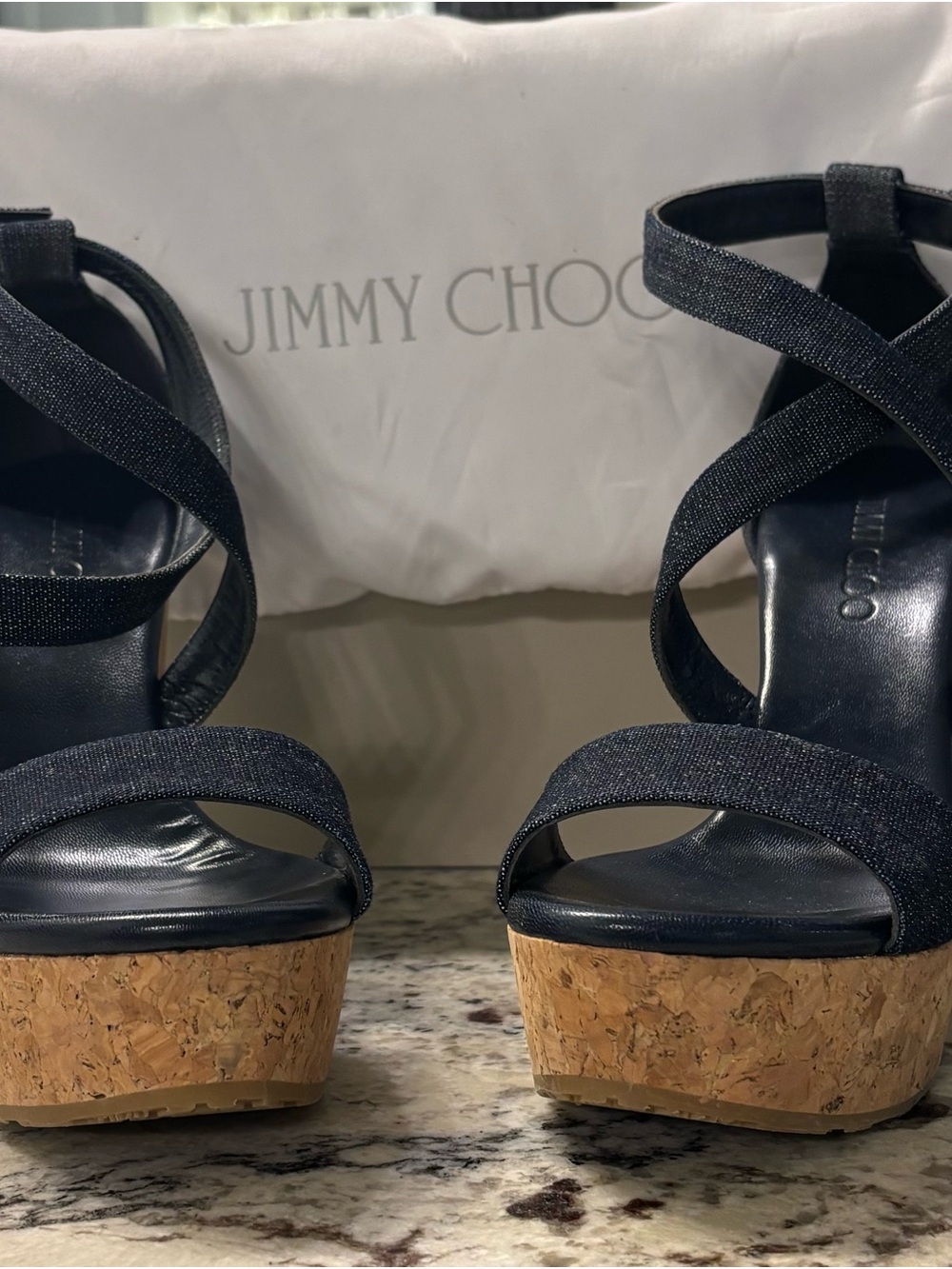 Jimmy Choo Denim Strappy Cork Platform Sandals